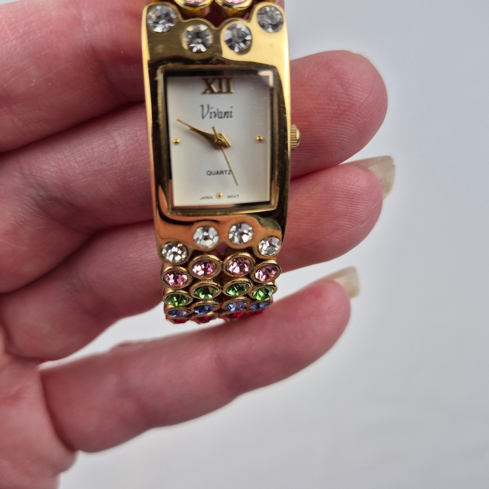 Vivani Rhinestone Cuff Watch Gold Tone Multicolor Japan Movt Vtg Needs Battery - Picture 9 of 11